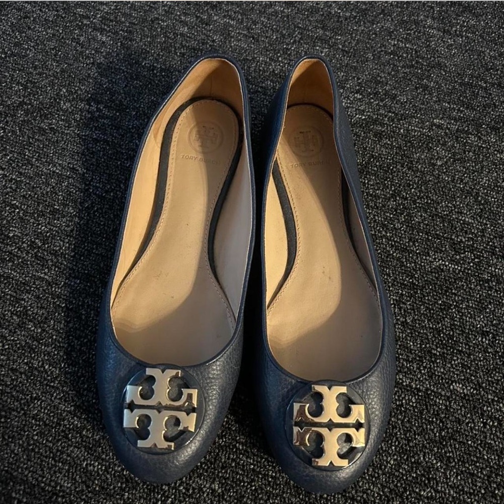 Tory Burch Navy Leather Logo Toe Ballet Flats